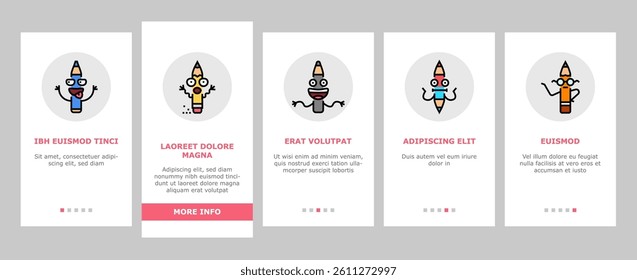 pen character pencil school onboarding mobile vector. happy smile, education cute, funny study, mascot face, colorful write, stationery pen character pencil school Illustrations