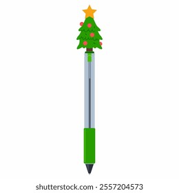 Pen with Christmas tree vector cartoon illustration isolated on a white background.