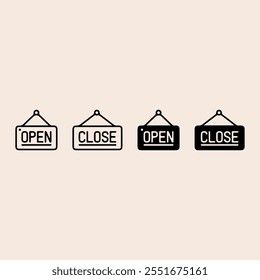 pen and close icon set. Open and close hanger board icons on transparent background. Open close sign on wooden board. Open and close board symbol hanging in shop, restaurant vector design.