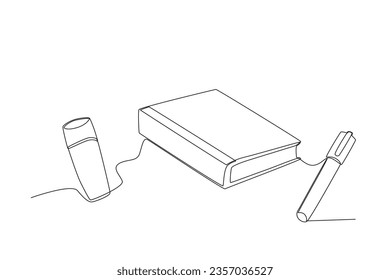 A pen, colored pencil, and book. School equipment one-line drawing