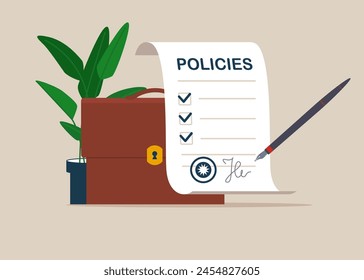 Pen with company policy document and business briefcase. Modern flat vector illustration.