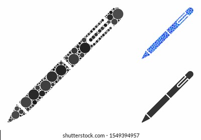 Pen composition of spheric dots in various sizes and color tinges, based on pen icon. Vector dots are organized into blue composition. Dotted pen icon in usual and blue versions.