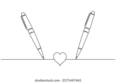 Pen continuous one line drawing and ball pen icon isolated outline flat vector illustration
