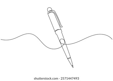 Pen continuous one line drawing and ball pen icon isolated outline flat vector illustration