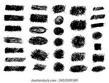 Pen curly lines and squiggles, wide strokes. Grunge scribble black strokes vector set. Hand drawn marker scribbles. Black pencil sketches, drawings. Scrawl elements isolated on white background