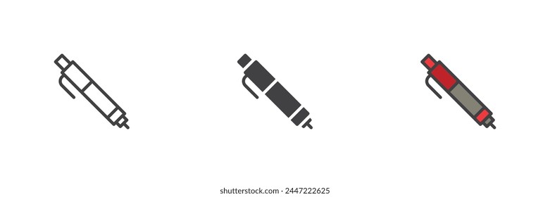 Plumilla con un conjunto de iconos de estilo diferente. Línea, glifo y contorno relleno versión colorida, contorno y Vector relleno signo. Símbolo, ilustración del logotipo. Vector gráfico