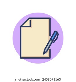 Icono de pluma y línea de documento. Papel en blanco, lápiz, letrero de contorno del bloc de notas. Edición, escritura, concepto de papeleo. Ilustración vectorial, elemento simbólico para Diseño web y App