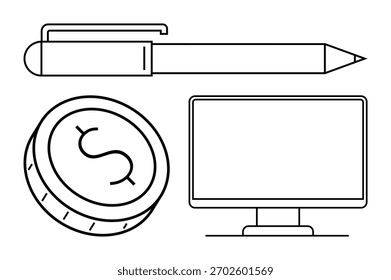 Pen, dollar coin, and computer monitor in minimalist line art style. Ideal for finance, business, technology, office work, investment education digital design. Line metaphor