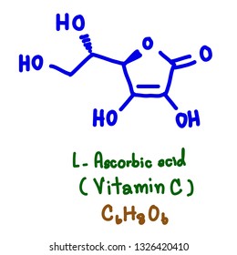 pen draw of Ascorbic acid is a six carbon compound related to glucose. It is found naturally in citrus fruits and many vegetables. Ascorbic acid is an essential nutrient. vector illustration