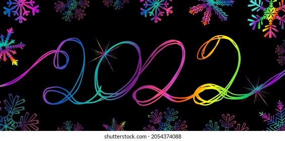 Pen drawing 2022 multicolored calligraphy . Multi-colored snowflakes. Vector illustration
