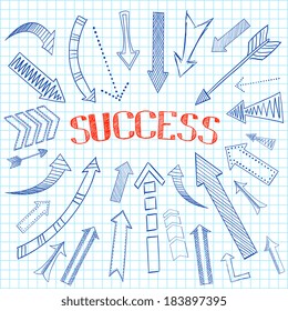 Pen drawing arrows pointed on word success on squared notebook background sketch icons flat isolated vector illustration