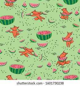a pen drawing of cute chanterelles eating a watermelon