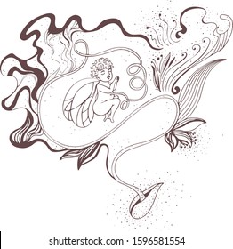 pen drawing, fantasy on the origin of life from grain,
little baby grows out of a small flower kernel
