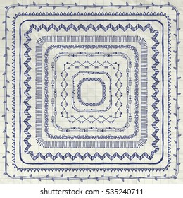 Pen Drawing Hand Drawn Sketched Doodle Borders Frames, Decorative Flourish Design Elements on Crumpled Notebook Texture. Vector Illustration. Pattern Brushes