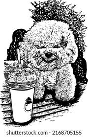 Pen Drawing Happy Mood Puppy With A Cup Of Drink 