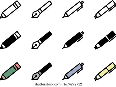 Pen Drawing Icon Set Pencil Marker Line 