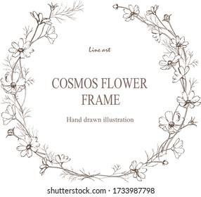 Pen Drawing Illustration Of Cosmos Flower Circle Frame.