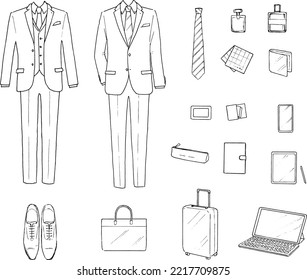 Pen drawing illustration of men's suit and business accessory set