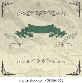 Pen Drawing Invitation Greeting Card with Doodle Hand Sketched Elements on Crumpled Paper Texture. Decorative Vintage Design Elements. Frames, Dividers, 
