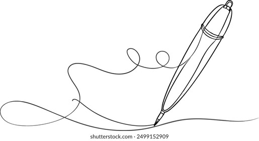 A pen is drawing a line on a white background. The line is curvy and has a sense of movement. The pen is the main focus of the image, and it is in motion, as if it is writing or drawing something