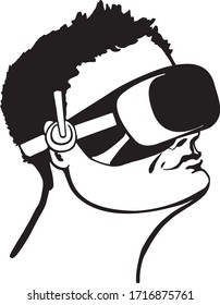 pen drawing, man with virtual glasses, fantasy, abstract man, vector black outline drawing
