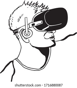pen drawing, man with virtual glasses, fantasy, abstract man