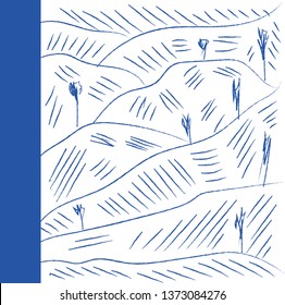 A pen drawing of a mountain range with single trees found at certain intervals away from each other vector color drawing or illustration 