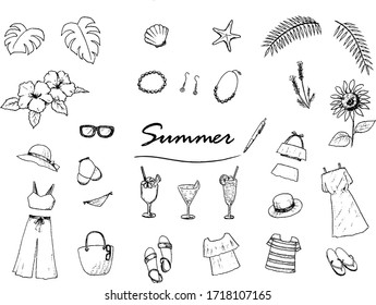 Pen drawing set of summer item.