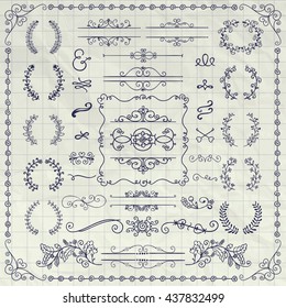 Pen Drawing Sketched Decorative Doodle Design Elements. Frames, Text Frames, Dividers, Floral Branches, Borders, Brackets on Crumpled Notebook Texture. Vector Illustration