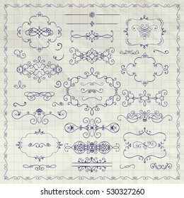 Pen Drawing Sketched Decorative Vintage Design Elements. Frames, Text Frames, Dividers, Swirls, Borders, Banners on Crumpled Paper Texture. Vector Illustration