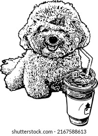 Pen Drawing Smiling Puppy With A Cup Of Drink