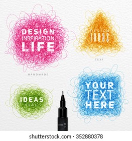 Pen drawing tangle elements circle, square, oval, triangle with inscriptions drawing with color ink on paper background