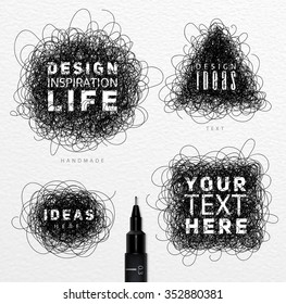 Pen drawing tangle elements circle, square, oval, triangle with inscriptions drawing on paper background