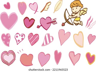 pen drawing of various hearts and cupids. (Color, line color different)