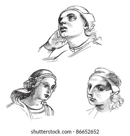 Pen drawings by Raphael, at the Academy of Fine Arts of Venice. - Drawing Chevignard, vintage engraved illustration. Magasin Pittoresque 1874.
