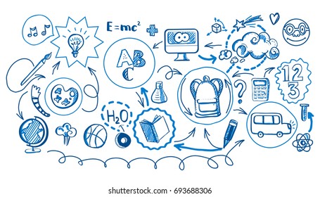 Pen Drawn Sketch Back To School Infographic. Vector Illustration Of School Supplies And Subjects Interaction. Sketch Design For Web And Mobile Services. Icons For Online Education