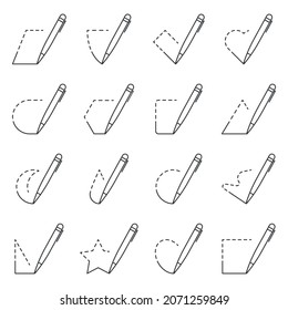 The pen draws geometric shapes. Set of isolated linear icons. Vector on pure white background.