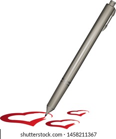 A pen draws hearts in red