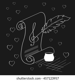 Pen draws treble clef sketch on grey background.Vector illustration