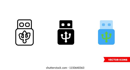 Pen drive icon of 3 types: color, black and white, outline. Isolated vector sign symbol.