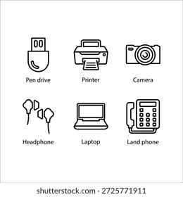 Pen drive, Impressora, Câmera, Fone de Ouvido, Laptop, Land phone, icon