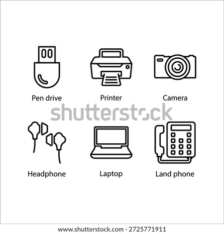Pen drive, Printer, Camera, Headphone, Laptop, Land phone, icon