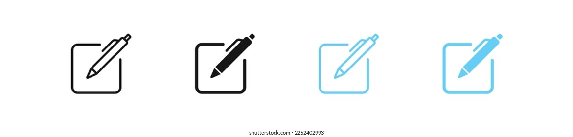 Pen edit icon. Pencil in square symbol. Paper registration signs. List symbols. Button pen icons. Black and blue color. Vector isolated sign.