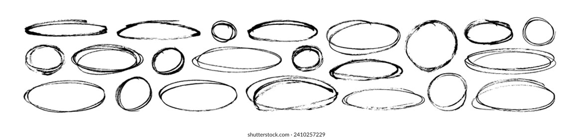 Pen ellipses and circles to emphasize text in hand drawn notes. Doodle round shapes. Vector ovals and ellipses lines to highlight text. Set of various black scribble ovals, bubbles and circles.