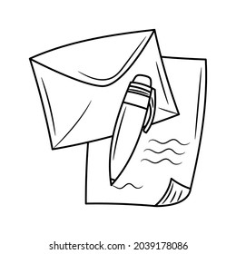 Pen with envelopes and sheets notes, black white hand drawn sketch vector objects