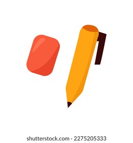Pen and eraser colorful illustration set. Pencil school study items.