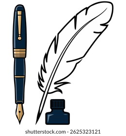 pen feather collection writing tools isolated vector illustration on white background