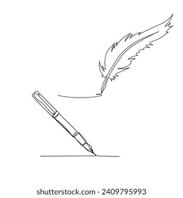 Pluma y plumas dibujadas en el estilo de arte de la línea