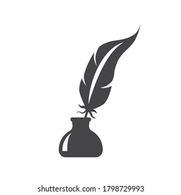 Pen Feather In Ink Bottle Black Vector Icon. Inkstand Or Ink Well With Bird Feather Glyph Silhouette Symbol.