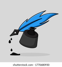 pen feather with ink container  in cute cartoon illustration 